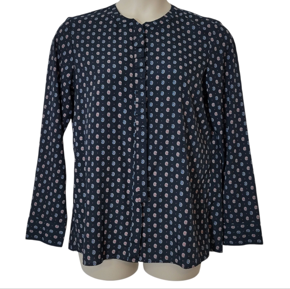 Banana Republic Navy Paisley Print Button Down Ruffle Blouse